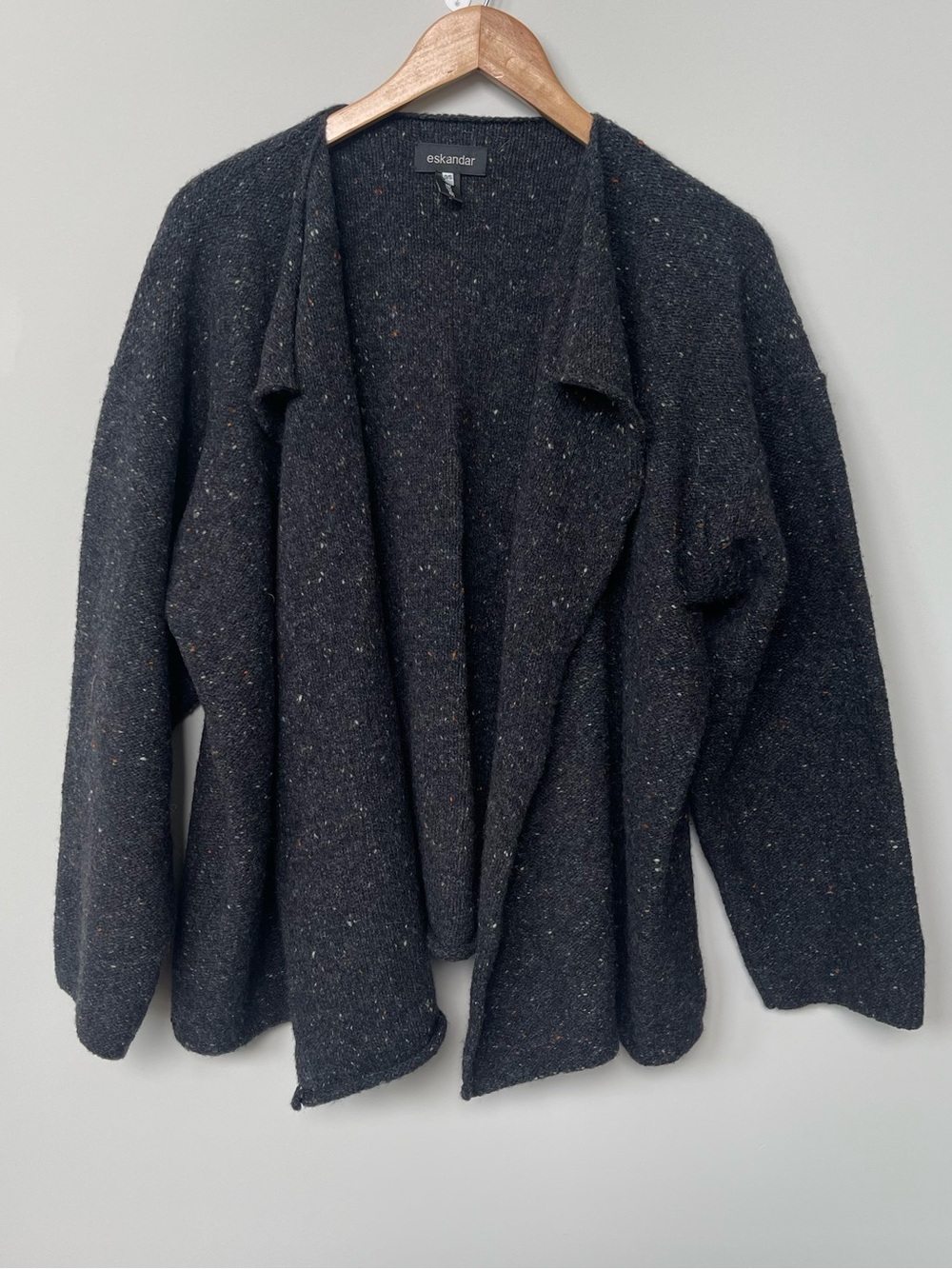 Eskandar | Open Front Waterfall Collar Speckled Knit Lambswool Cashmere Cardigan